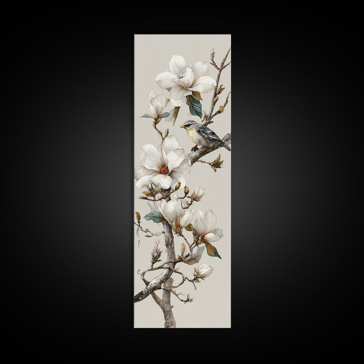 Delicate Magnolia Branch on Cream Background Framed Canvas Print, Above Bed Art, Modern Decor, Bedroom Decor, Oil Painting, ABA-1x3-4