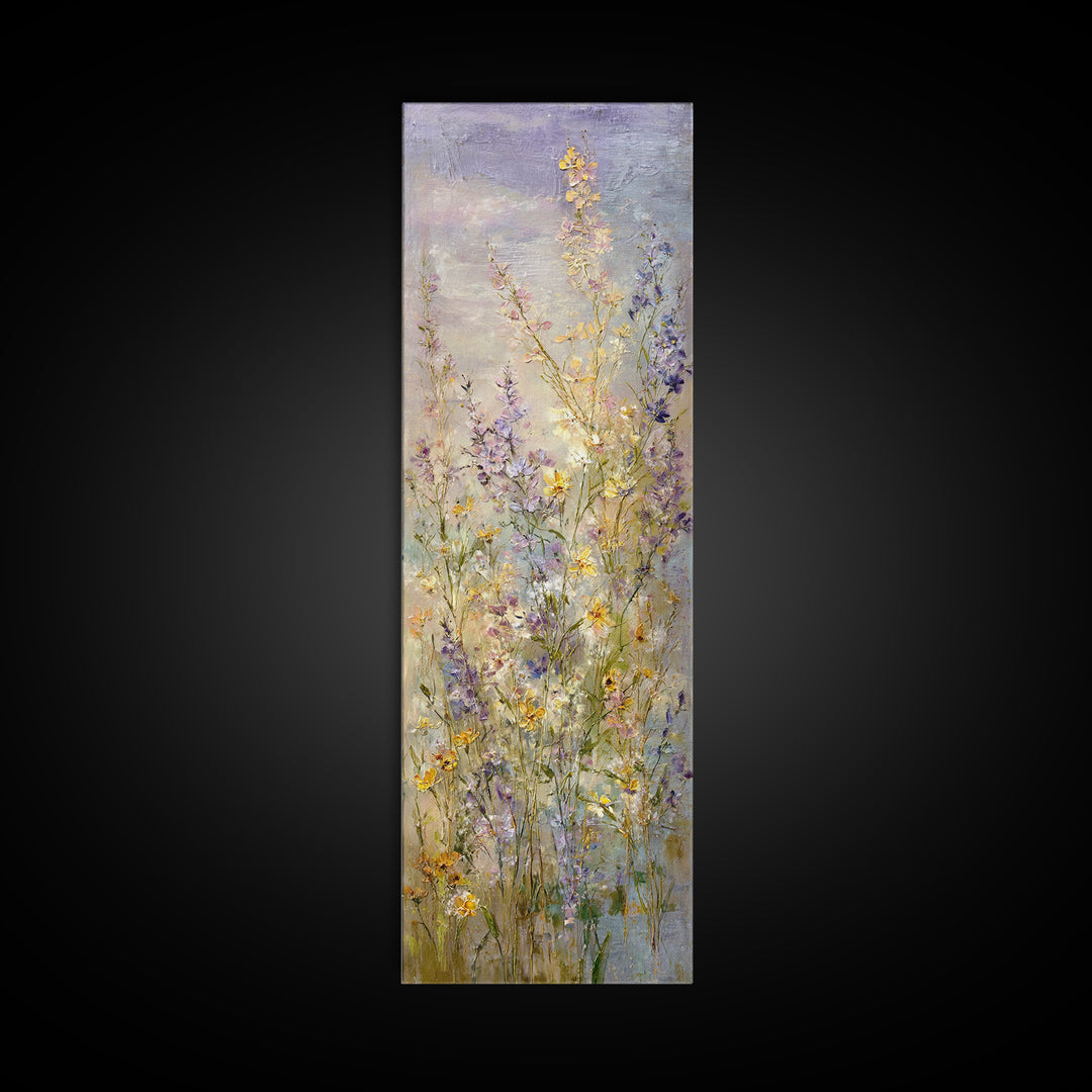 Wide Meadow of Muted Wildflowers at Dusk Framed Canvas Print, Above Bed Art, 3 Piece Wall Art, Bedroom Decor, Watercolor Art, ABA-1x3-46