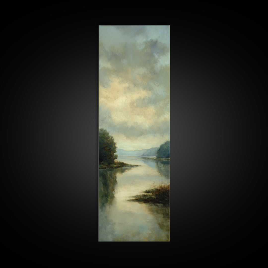 Calming Lake Reflection Framed Canvas Print, Above Bed Art, Original Art, Bedroom Decor, Serenity, Sage Green Wall Art, ABA-1x3-47
