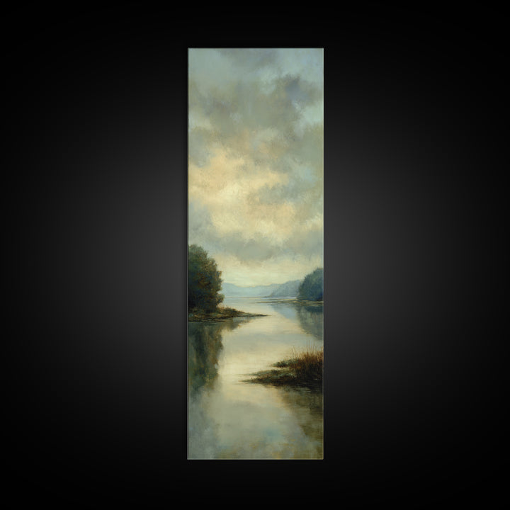 Calming Lake Reflection Framed Canvas Print, Above Bed Art, Original Art, Bedroom Decor, Serenity, Sage Green Wall Art, ABA-1x3-47