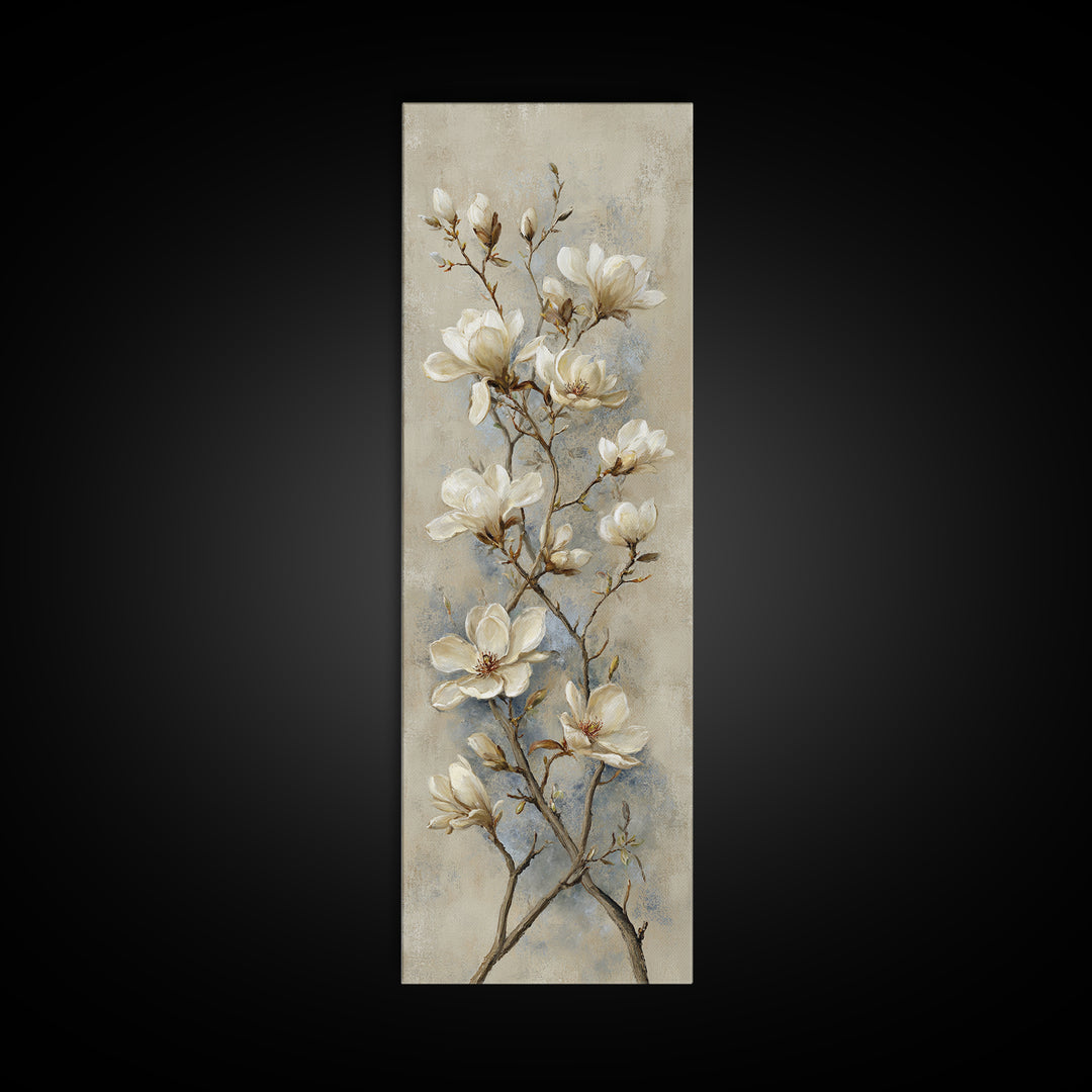 Delicate Magnolia Branch on Cream Background Framed Canvas Print, Above Bed Art, Bedroom Decor, Watercolor Art, Serenity, ABA-1x3-52