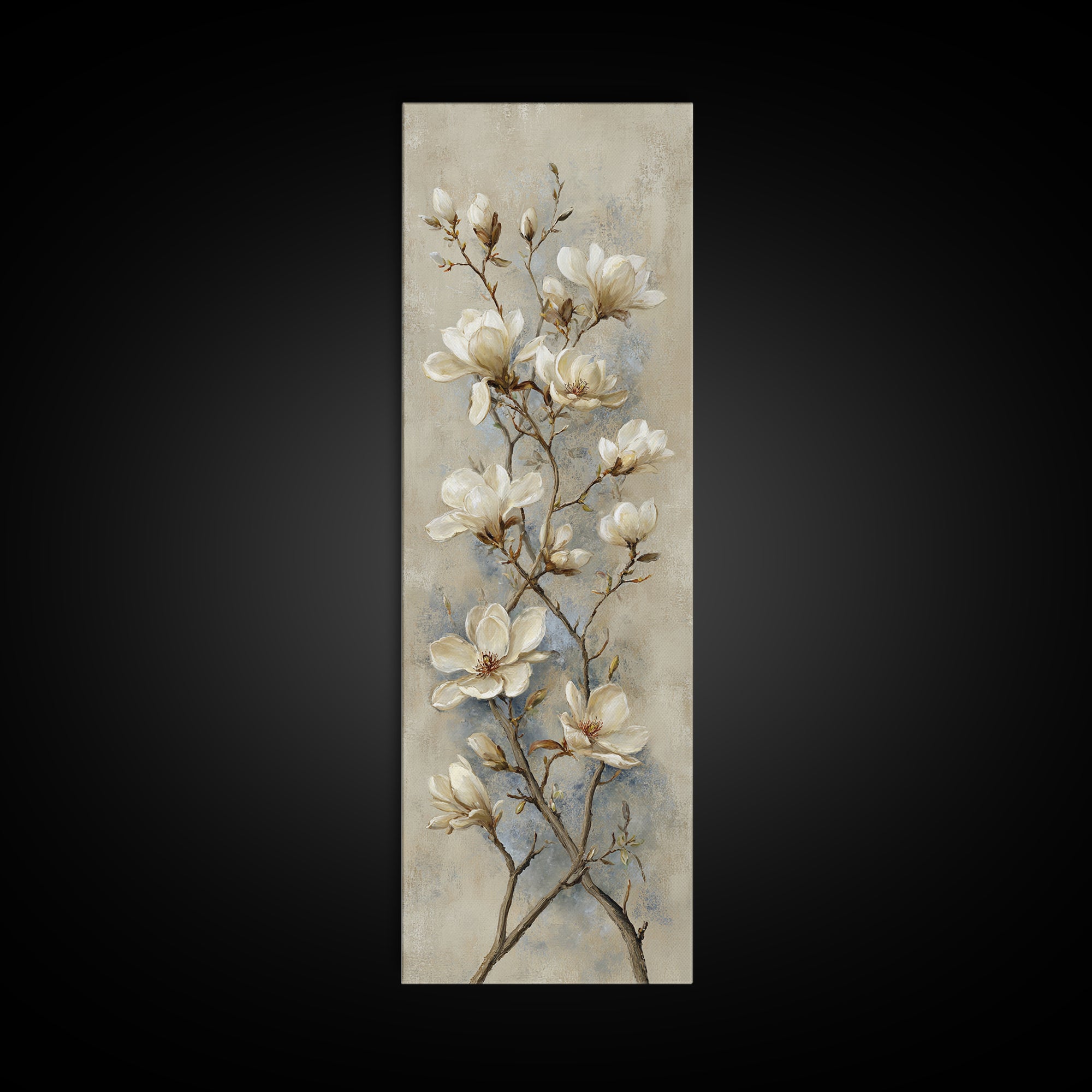 Delicate Magnolia Branch on Cream Background Framed Canvas Print, Above Bed Art, Bedroom Decor, Watercolor Art, Serenity, ABA-1x3-52