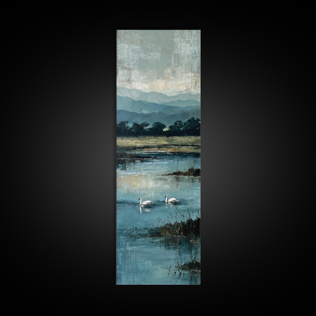 Paired Swans in a Dreamy Painterly Lake Canvas Print, Above Bed Art, Living Room Wall Art, Bedroom Decor, Serenity, Wall Decor, ABA-1x3-58