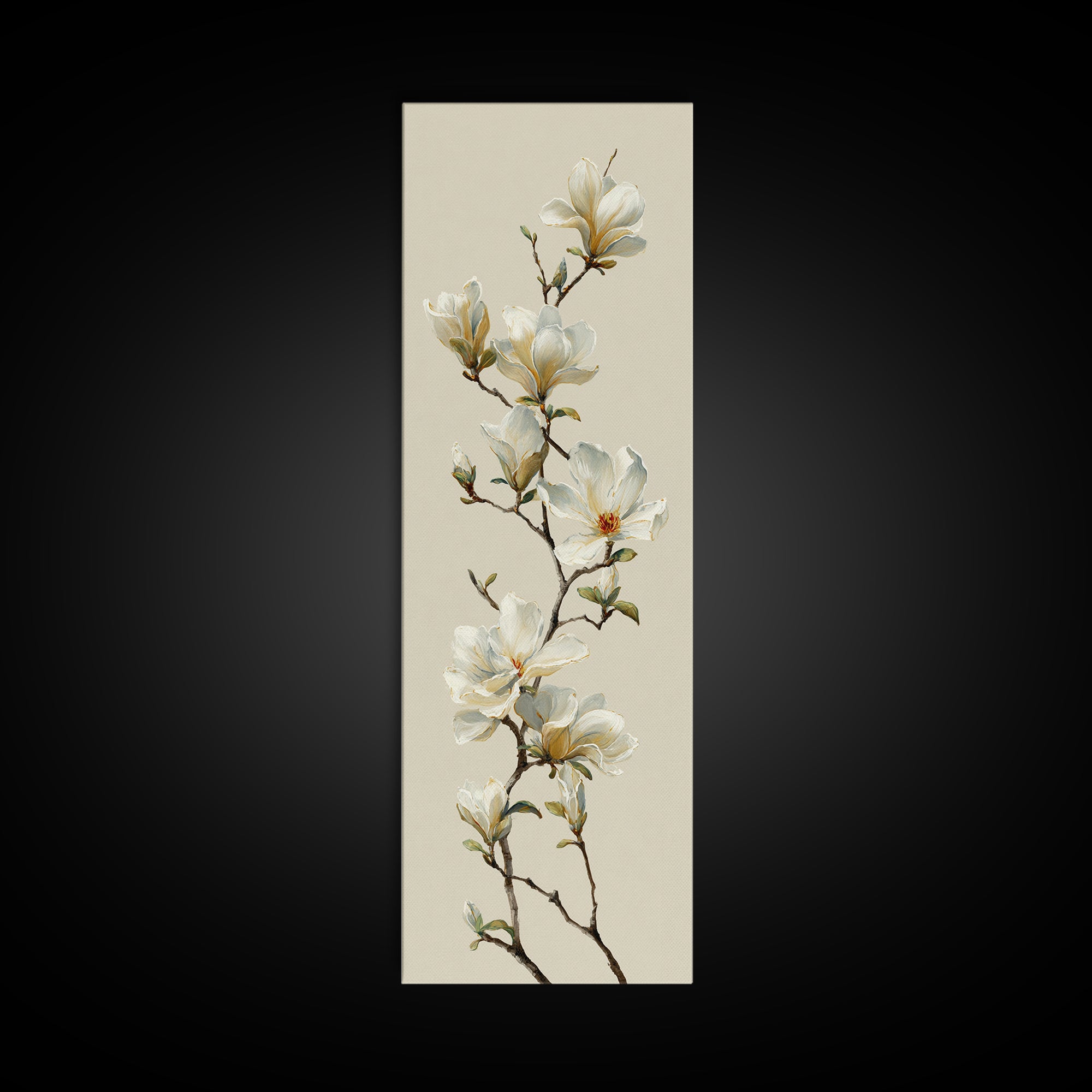 Delicate Magnolia Branch on Cream Background Framed Canvas Print, Above Bed Art, Digital Print, Bedroom Decor, Serenity, ABA-1x3-76