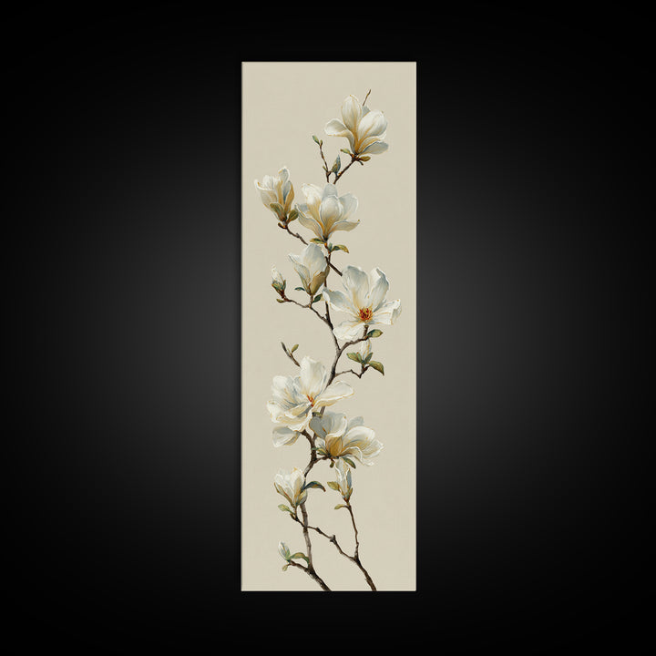 Delicate Magnolia Branch on Cream Background Framed Canvas Print, Above Bed Art, Digital Print, Bedroom Decor, Serenity, ABA-1x3-76
