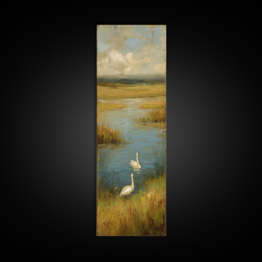 Paired Swans in a Dreamy Painterly Lake Canvas Print, Above Bed Art, Home Decor, Bedroom Decor, Fine Art, Serenity, ABA-1x3-82