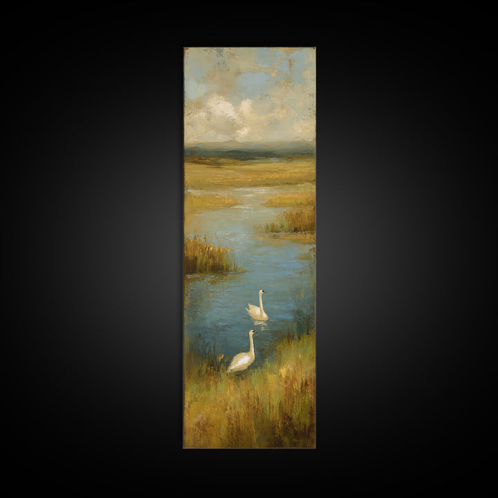 Paired Swans in a Dreamy Painterly Lake Canvas Print, Above Bed Art, Home Decor, Bedroom Decor, Fine Art, Serenity, ABA-1x3-82
