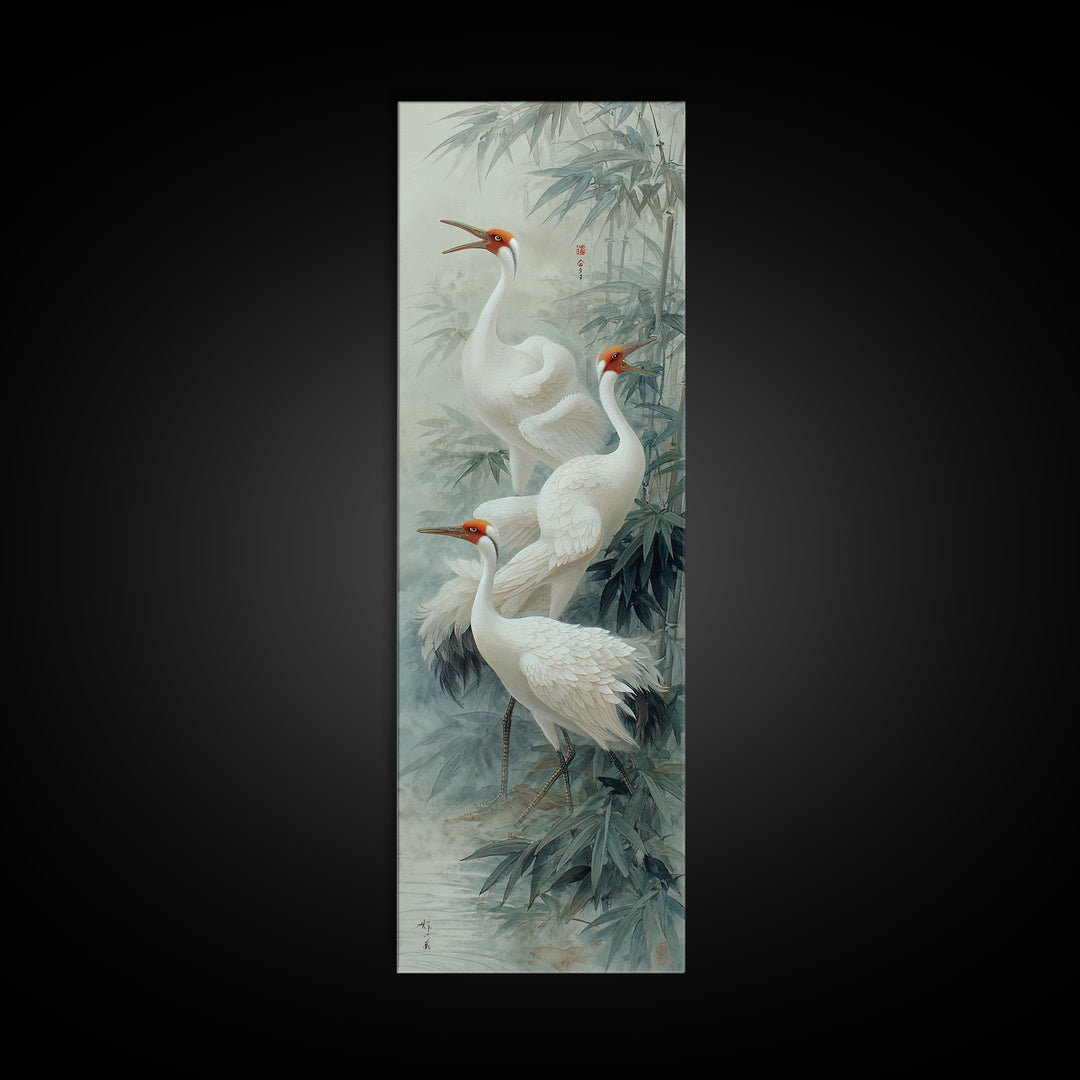 Ethereal Cranes Flying Through Pale Morning Mist Canvas Print, Above Bed Art, Minimalist Decor, Bedroom Decor, Serenity, ABA-1x3-93