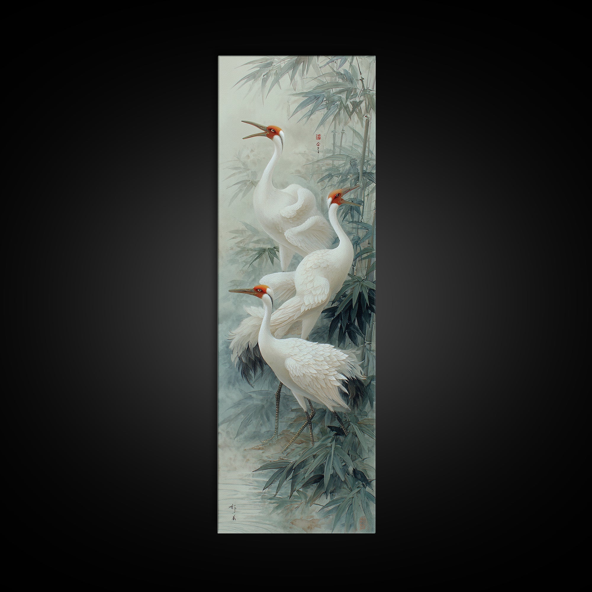 Ethereal Cranes Flying Through Pale Morning Mist Canvas Print, Above Bed Art, Minimalist Decor, Bedroom Decor, Serenity, ABA-1x3-93