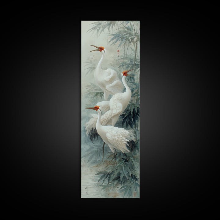 Ethereal Cranes Flying Through Pale Morning Mist Canvas Print, Above Bed Art, Minimalist Decor, Bedroom Decor, Serenity, ABA-1x3-93