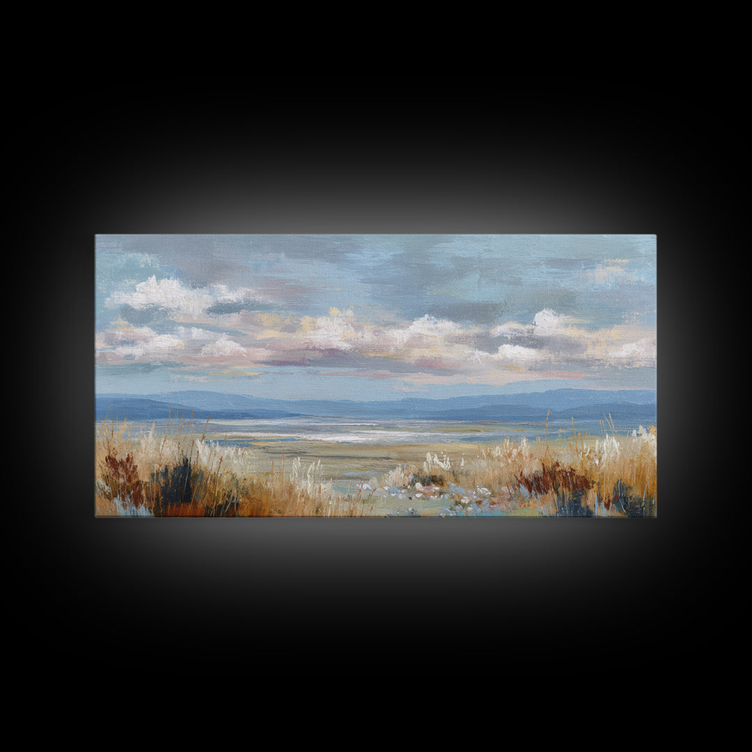 Tranquil Cloudscape with Blush Undertones Framed Canvas Print, Above Bed Art, Wall Decor, Bedroom Decor, Fine Art, Serenity, ABA-2x1-1
