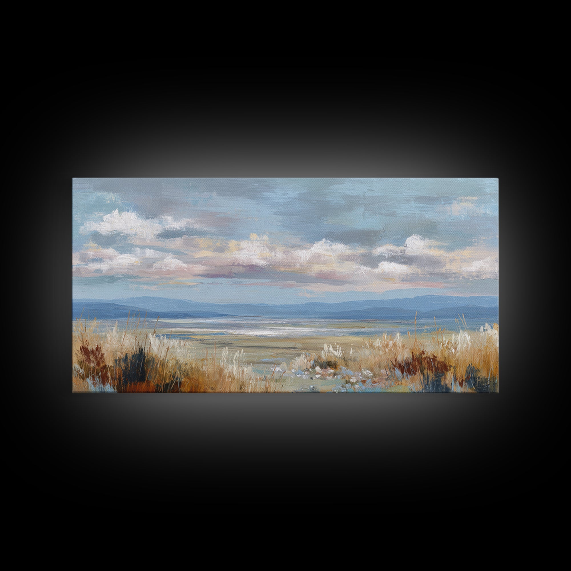 Tranquil Cloudscape with Blush Undertones Framed Canvas Print, Above Bed Art, Wall Decor, Bedroom Decor, Fine Art, Serenity, ABA-2x1-1