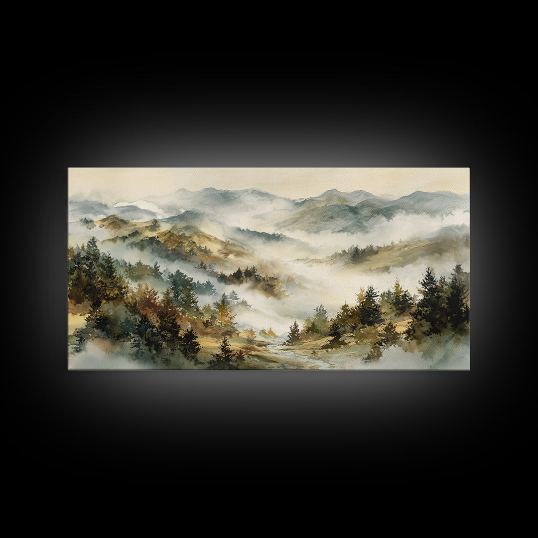 Quiet Forest Ridge Softened by Fog Framed Canvas Print, Above Bed Art, Art Print, Bedroom Decor, Fine Art, Serenity, Dorm Decor, ABA-2x1-10