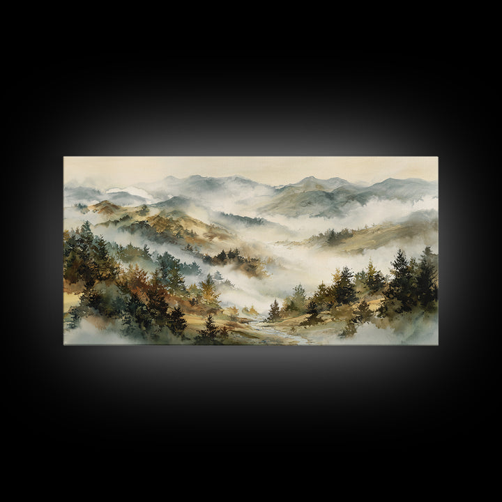 Quiet Forest Ridge Softened by Fog Framed Canvas Print, Above Bed Art, Art Print, Bedroom Decor, Fine Art, Serenity, Dorm Decor, ABA-2x1-10