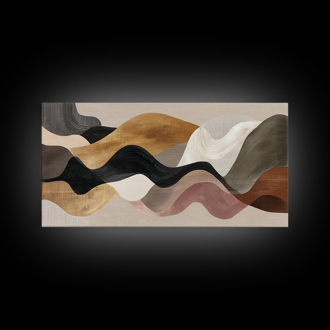 Warm Taupe Abstract Waves Framed Canvas Print, Above Bed Art, Horizontal Wall Art, Bedroom Decor, Abstract Art, Serenity, ABA-2x1-11