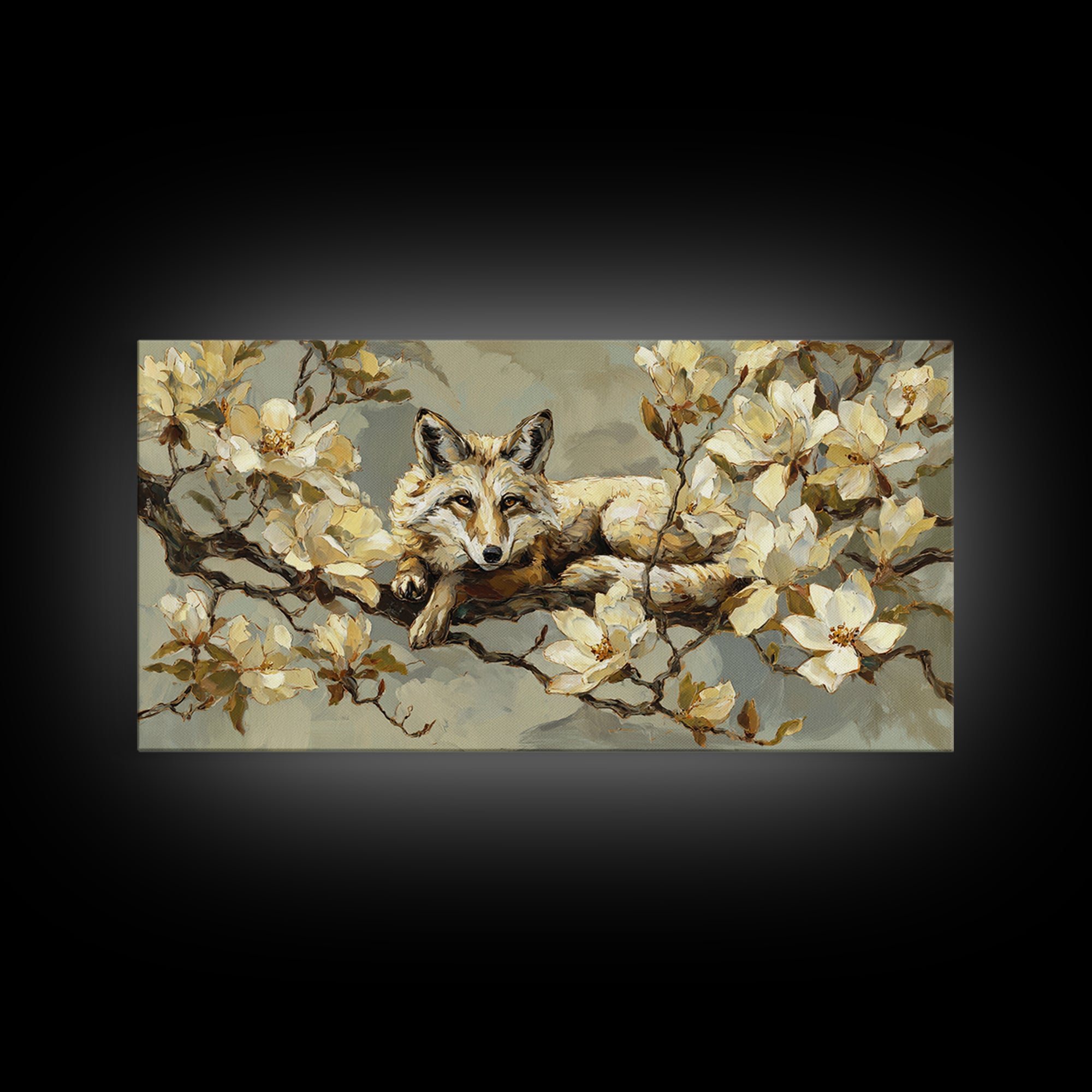 Delicate Magnolia Branch on Cream Background Framed Canvas Print, Above Bed Art, Bedroom Decor, Watercolor Art, Serenity, ABA-2x1-12