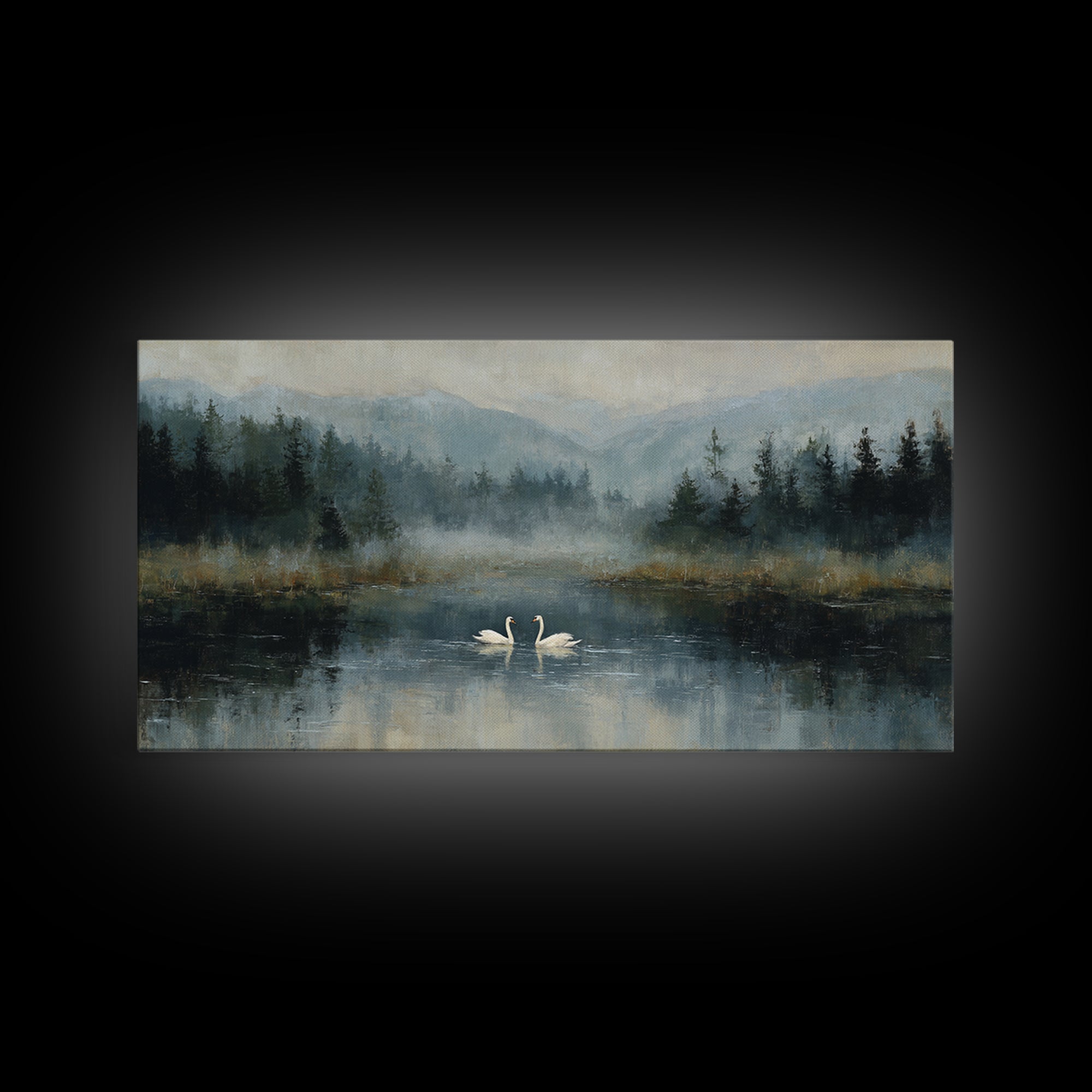 Paired Swans in a Dreamy Painterly Lake Framed Canvas Print, Above Bed Art, Fine Art Print, Bedroom Decor, Fine Art, Serenity, ABA-2x1-18