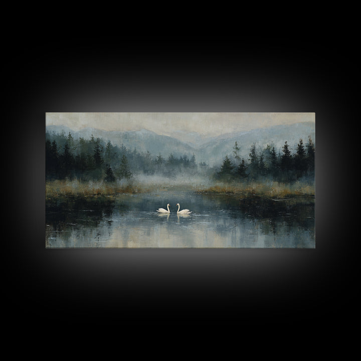 Paired Swans in a Dreamy Painterly Lake Framed Canvas Print, Above Bed Art, Fine Art Print, Bedroom Decor, Fine Art, Serenity, ABA-2x1-18