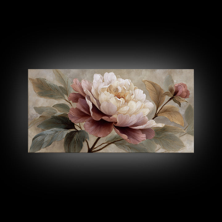 Romantic Oversized Peony Bloom on Warm Linen Canvas Print, Above Bed Art, Statement Artwork, Bedroom Decor, Abstract Art, ABA-2x1-22