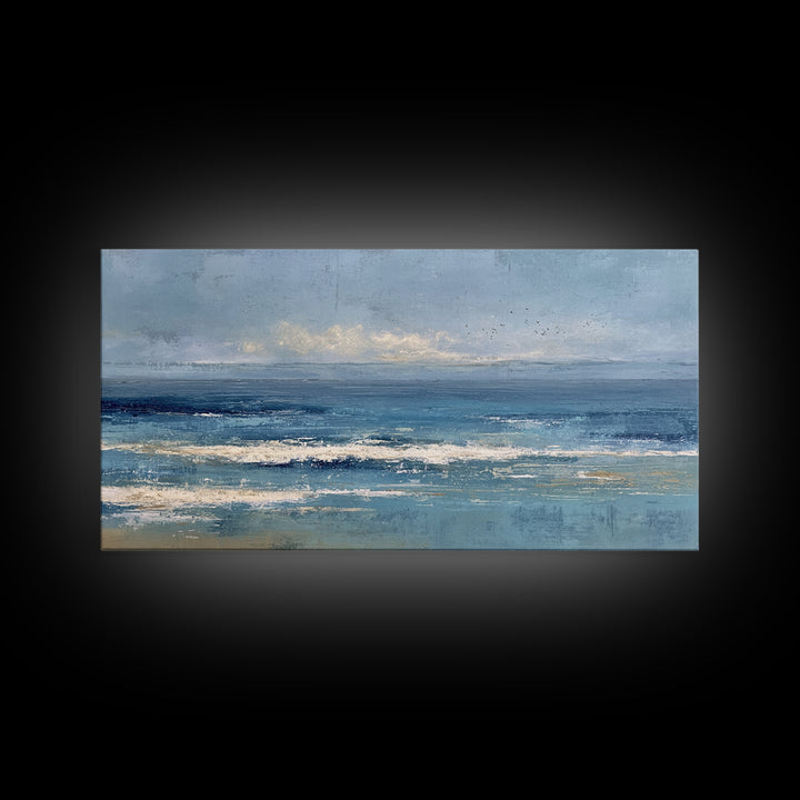 Quiet Moon over a Calm Ocean Horizon Framed Canvas Print, Above Bed Art, Mid Century Modern, Bedroom Decor, Fine Art, Serenity, ABA-2x1-23