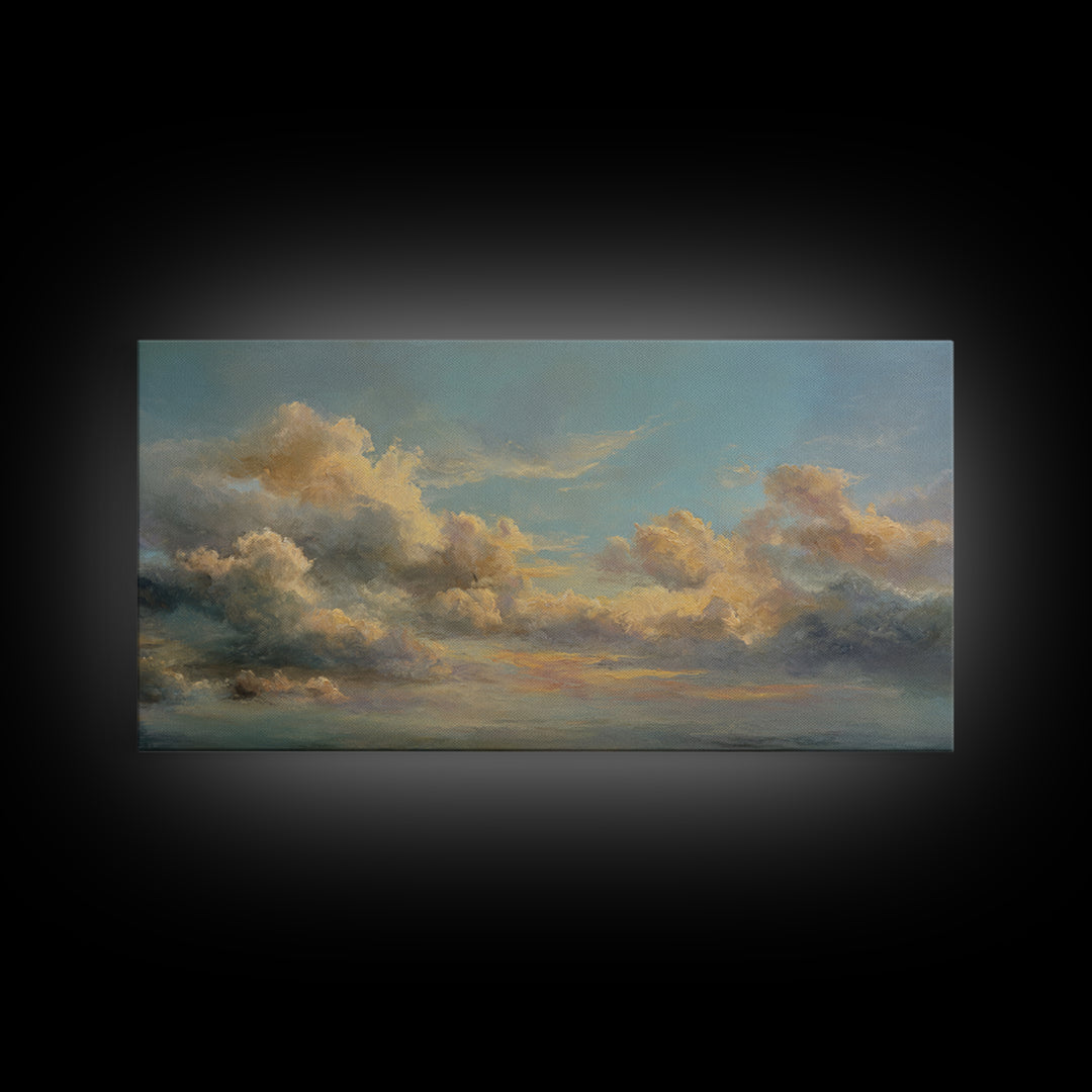 Tranquil Cloudscape with Blush Undertones Framed Canvas Print, Above Bed Art, Wall Decor, Bedroom Decor, Fine Art, Serenity, ABA-2x1-25