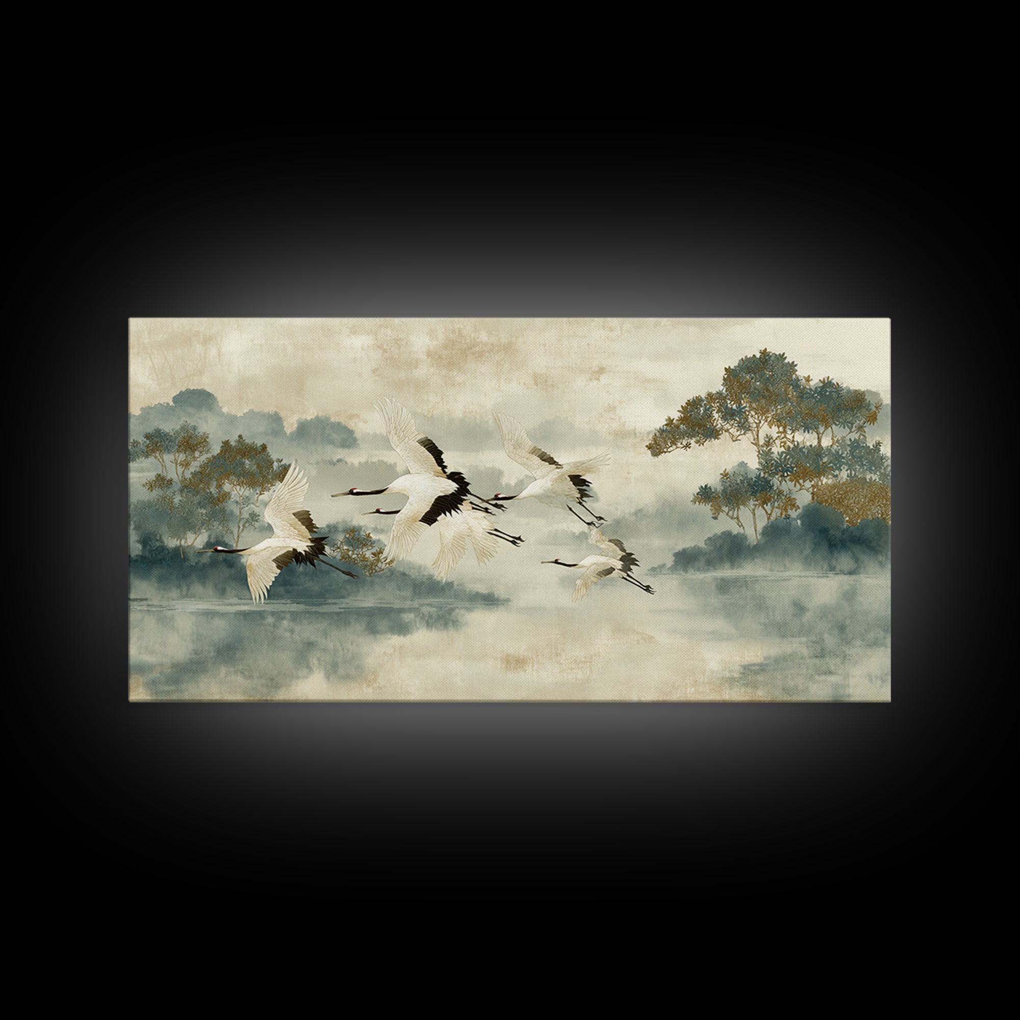 Ethereal Cranes Flying Through Pale Morning Mist Canvas Print, Above Bed Art, Digital Prints, Bedroom Decor, Serenity, ABA-2x1-29