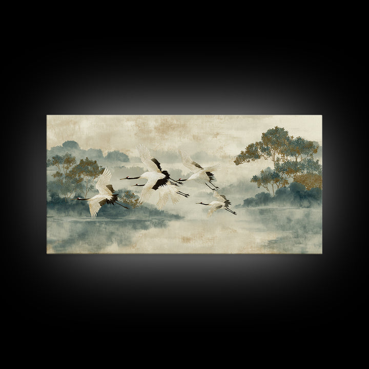 Ethereal Cranes Flying Through Pale Morning Mist Canvas Print, Above Bed Art, Digital Prints, Bedroom Decor, Serenity, ABA-2x1-29