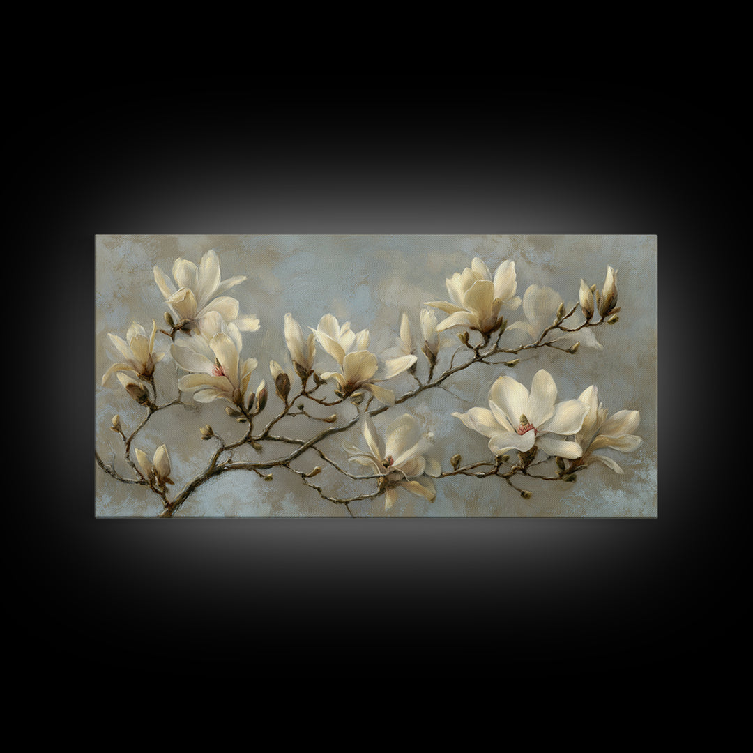 Delicate Magnolia Branch on Cream Background Canvas Print, Above Bed Art, Wall Art, Bedroom Decor, Fine Art, Serenity, ABA-2x1-36