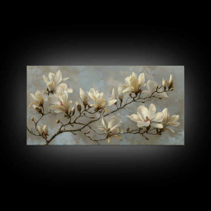 Delicate Magnolia Branch on Cream Background Canvas Print, Above Bed Art, Wall Art, Bedroom Decor, Fine Art, Serenity, ABA-2x1-36