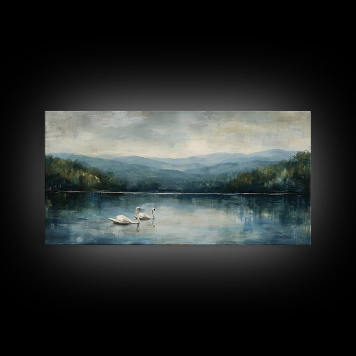 Paired Swans in a Dreamy Painterly Lake Framed Canvas Print, Above Bed Art, Fine Art Print, Bedroom Decor, Fine Art, Serenity, ABA-2x1-42