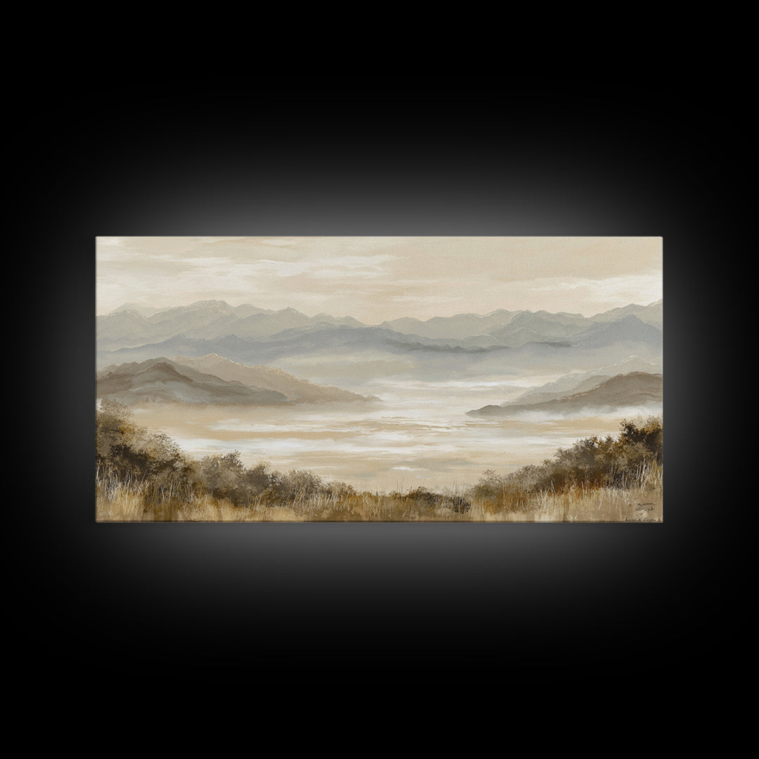 Panoramic Misty Mountain Landscape Framed Canvas Print, Above Bed Art, Mid Century Modern, Bedroom Decor, Oil Painting, ABA-2x1-45