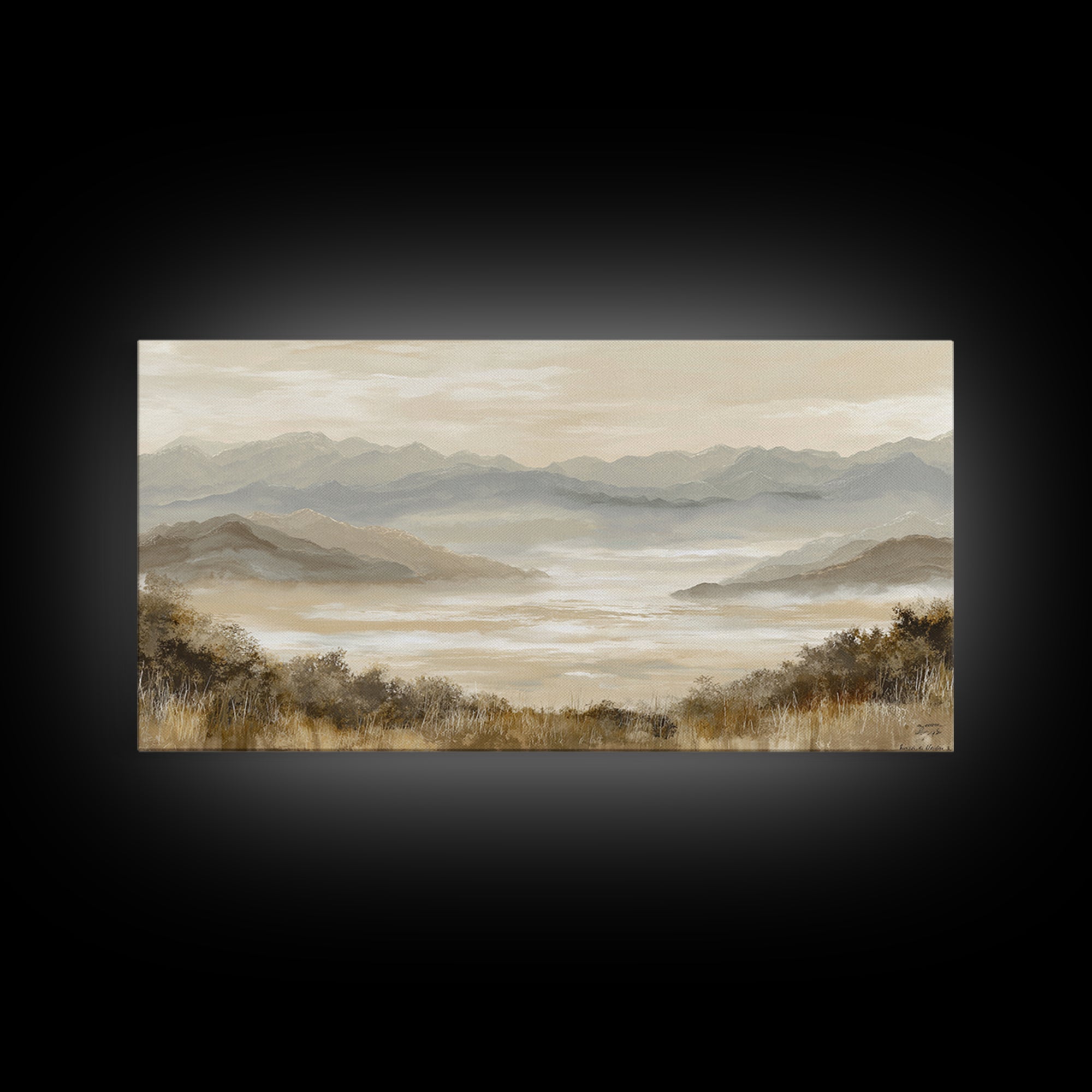 Panoramic Misty Mountain Landscape Framed Canvas Print, Above Bed Art, Mid Century Modern, Bedroom Decor, Oil Painting, ABA-2x1-45