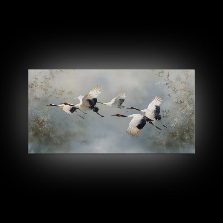 Ethereal Cranes Flying Through Pale Morning Mist Canvas Print, Above Bed Art, Digital Prints, Bedroom Decor, Serenity, ABA-2x1-5