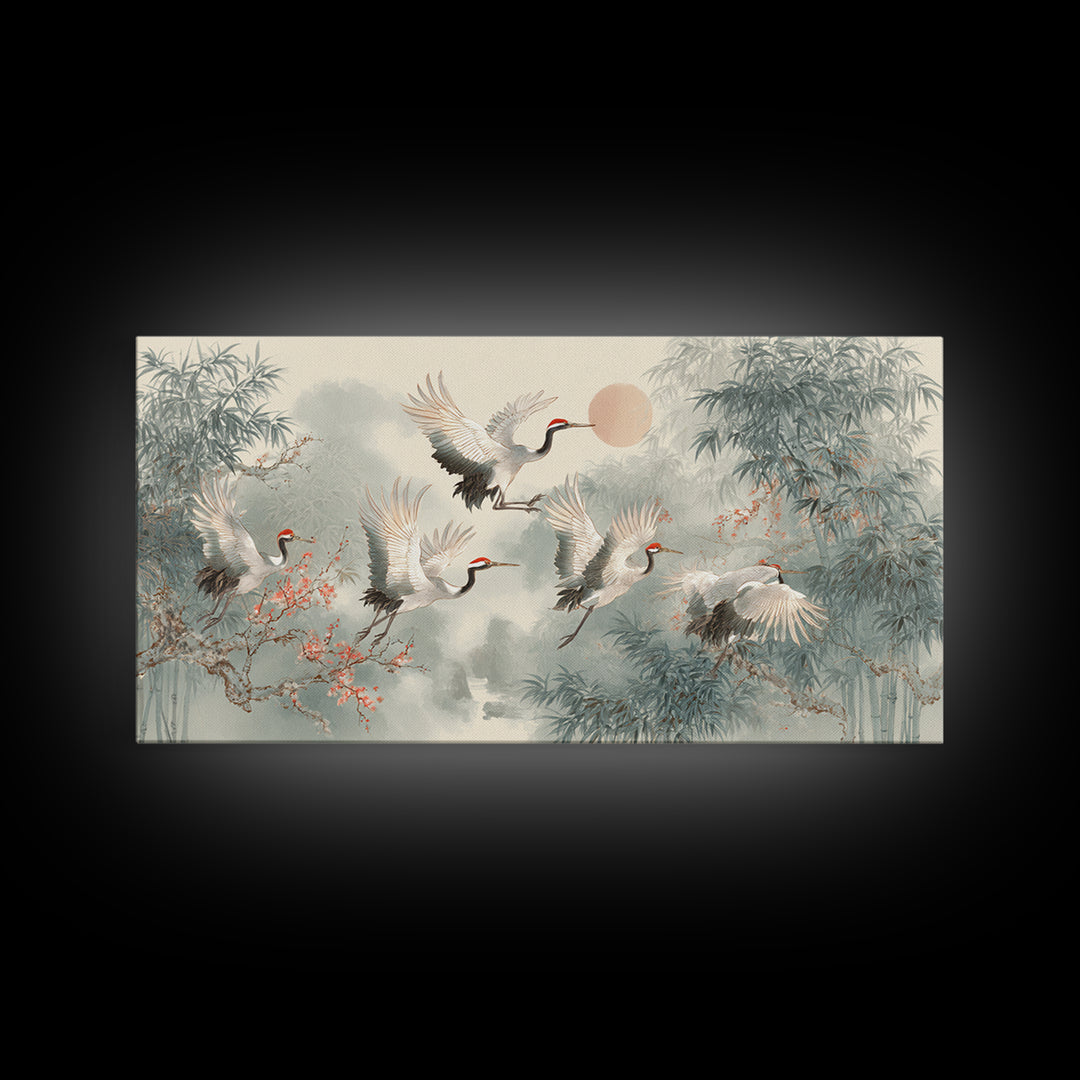 Ethereal Cranes Flying Through Pale Morning Mist Canvas Print, Above Bed Art, Bedroom Decor, Oil Painting, Serenity, ABA-2x1-53