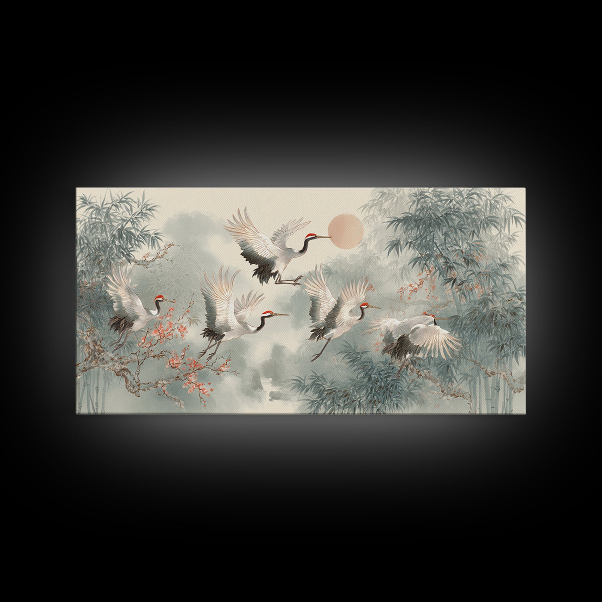 Ethereal Cranes Flying Through Pale Morning Mist Canvas Print, Above Bed Art, Bedroom Decor, Oil Painting, Serenity, ABA-2x1-53