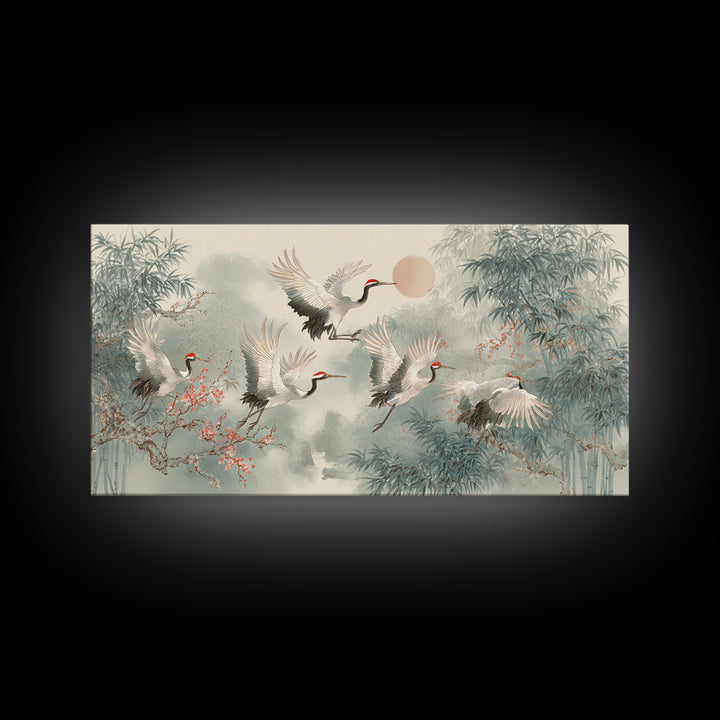Ethereal Cranes Flying Through Pale Morning Mist Canvas Print, Above Bed Art, Bedroom Decor, Oil Painting, Serenity, ABA-2x1-53