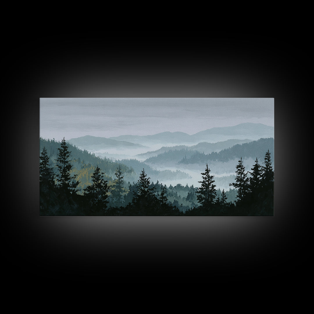 Quiet Forest Ridge Softened by Fog Canvas Print, Above Bed Art, Wall Art, Bedroom Decor, Fine Art, Serenity, Digital Print, ABA-2x1-58