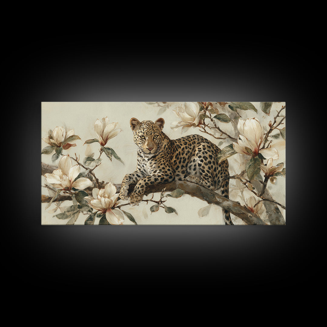 Delicate Magnolia Branch on Cream Background Framed Canvas Print, Above Bed Art, Mid Century Modern, Bedroom Decor, Serenity, ABA-2x1-60