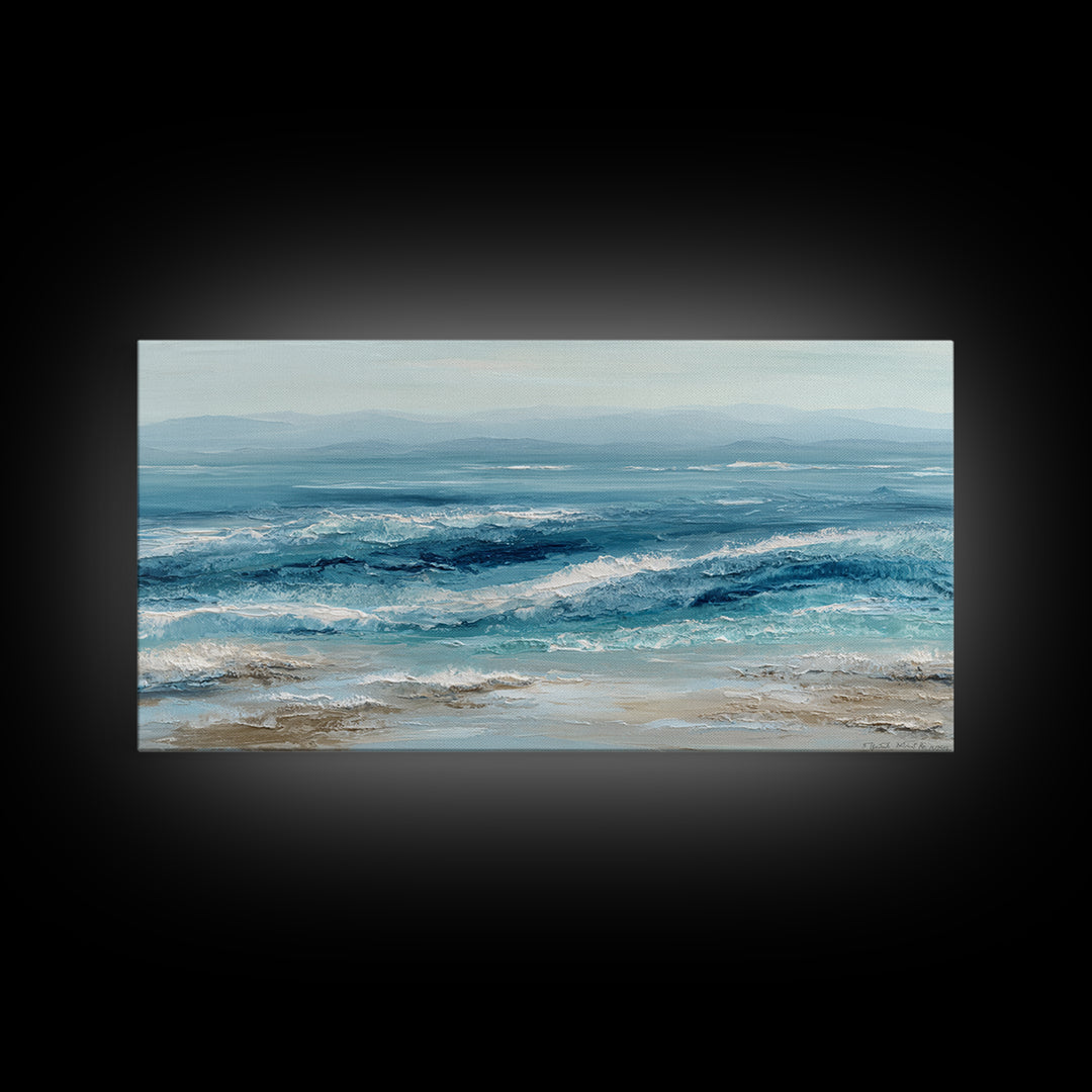 Serene Ocean Tide Seen from Above Framed Canvas Print, Above Bed Art, Wall Art Prints, Bedroom Decor, Fine Art, Serenity, ABA-2x1-65