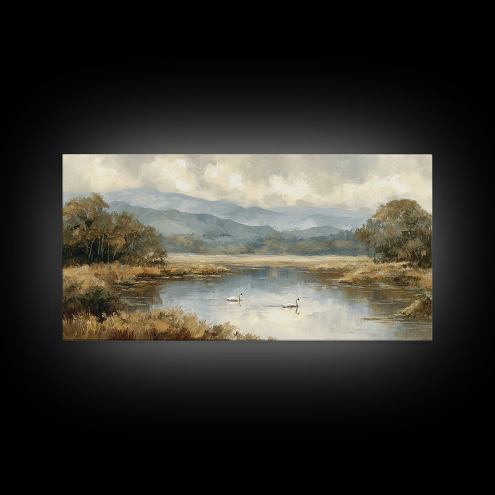 Paired Swans in a Dreamy Painterly Lake Canvas Print, Above Bed Art, Textured Painting, Bedroom Decor, Watercolor Art, Serenity, ABA-2x1-66