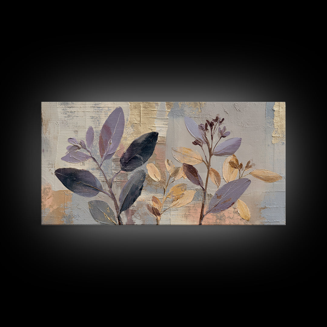 Tonal Botanical Shadows on Plaster Surface Framed Canvas Print, Above Bed Art, 3 Piece Wall Art, Bedroom Decor, Serenity, ABA-2x1-67