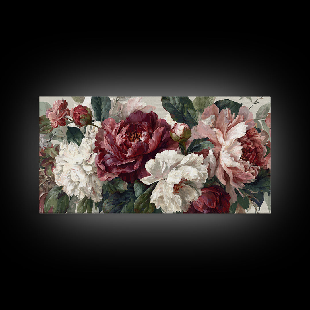 Romantic Oversized Peony Bloom on Warm Linen Canvas Print, Above Bed Art, Digital Art, Bedroom Decor, Fine Art, Serenity, ABA-2x1-70