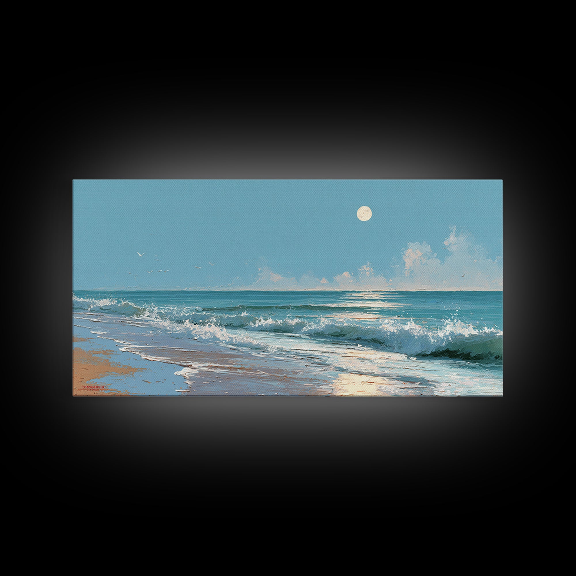 Quiet Moon over a Calm Ocean Horizon Canvas Print, Above Bed Art, Boho Decor, Bedroom Decor, Serenity, Statement Artwork, ABA-2x1-71