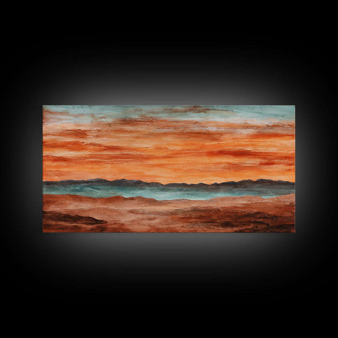Dreamy Desert Sunset Framed Canvas Print, Above Bed Art, Statement Artwork, Bedroom Decor, Fine Art, Serenity, ABA-2x1-75