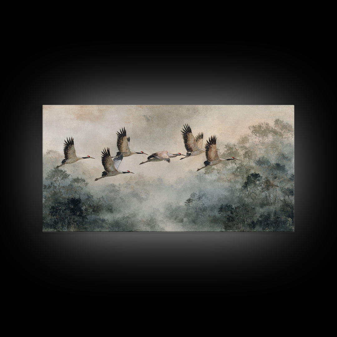 Ethereal Cranes Flying Through Pale Morning Mist Canvas Print, Above Bed Art, Bedroom Decor, Oil Painting, Serenity, ABA-2x1-77