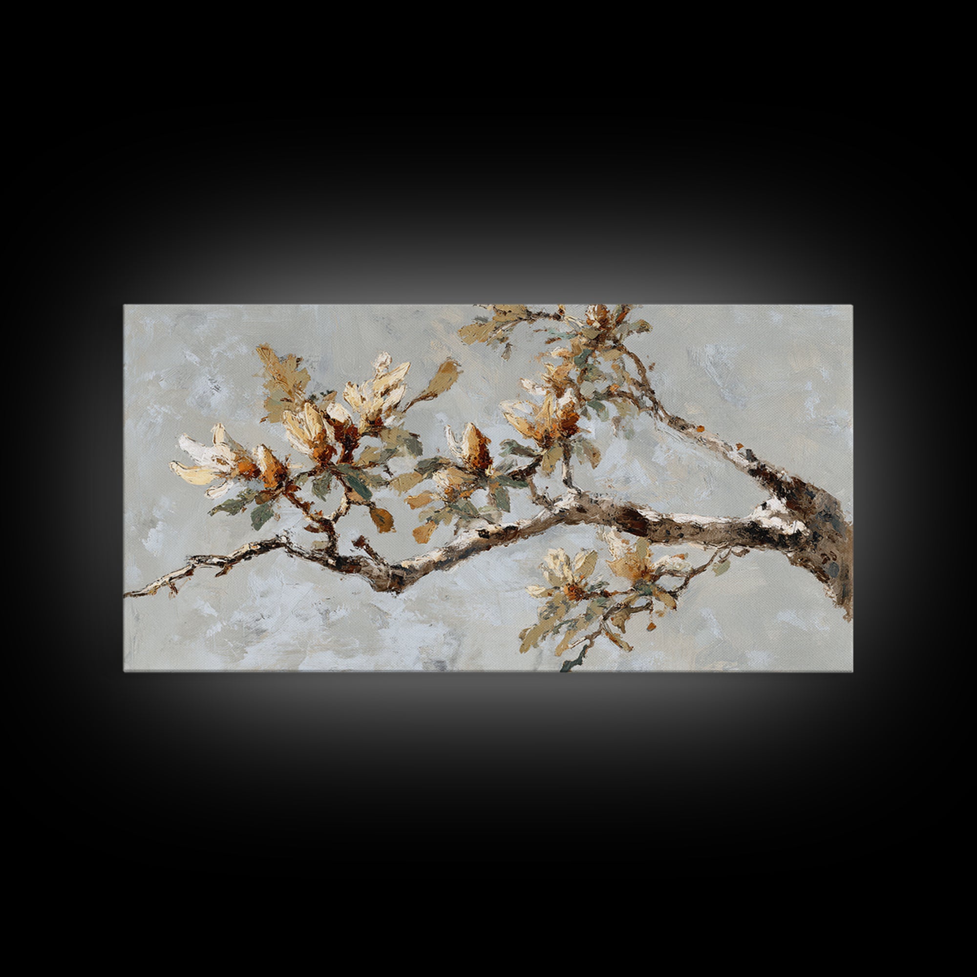 Delicate Magnolia Branch on Cream Background Framed Canvas Print, Above Bed Art, Boho Wall Art, Bedroom Decor, Watercolor Art, ABA-2x1-84