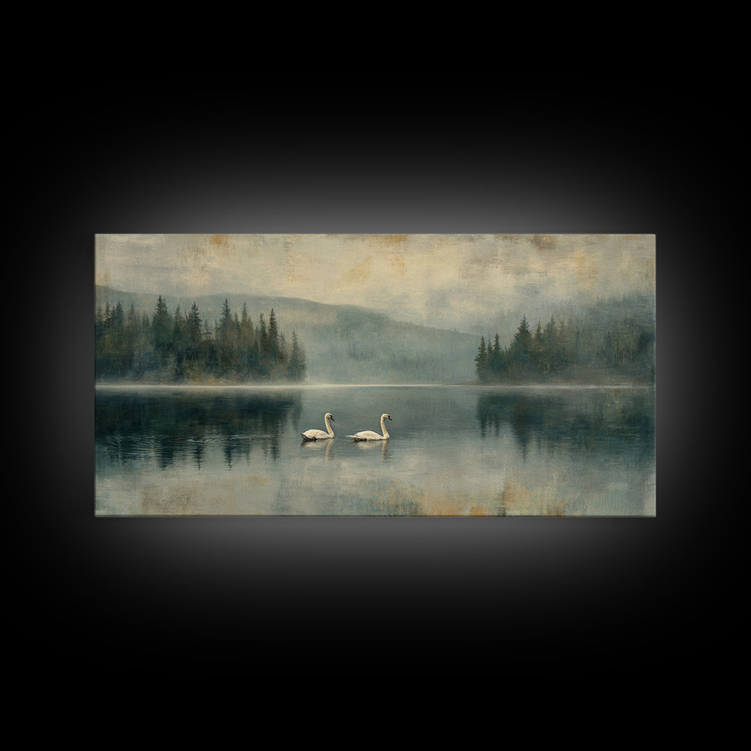 Paired Swans in a Dreamy Painterly Lake Framed Canvas Print, Above Bed Art, Digital Prints, Bedroom Decor, Fine Art, Serenity, ABA-2x1-90