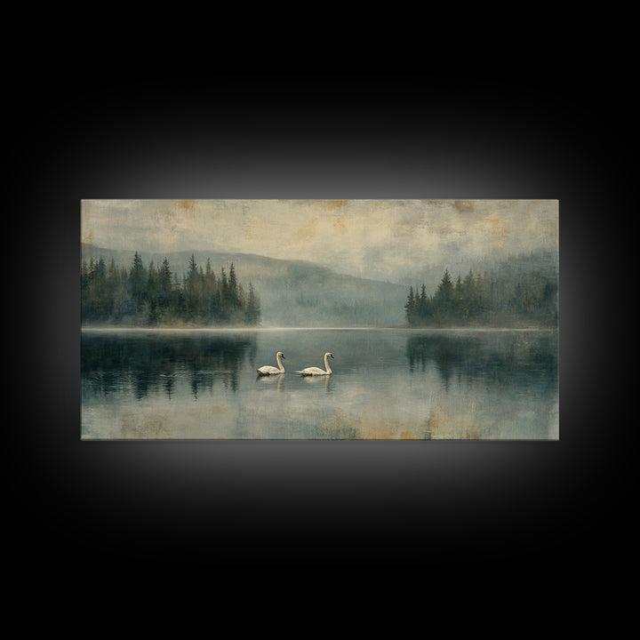 Paired Swans in a Dreamy Painterly Lake Framed Canvas Print, Above Bed Art, Digital Prints, Bedroom Decor, Fine Art, Serenity, ABA-2x1-90