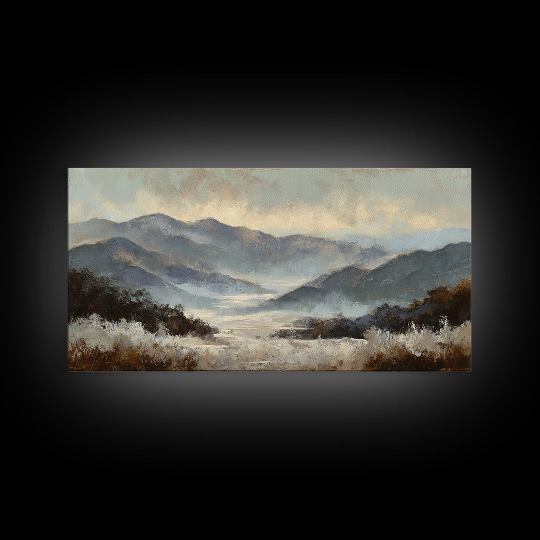 Panoramic Misty Mountain Landscape Canvas Print, Above Bed Art, Textured Wall Art, Bedroom Decor, Fine Art, Serenity, ABA-2x1-93