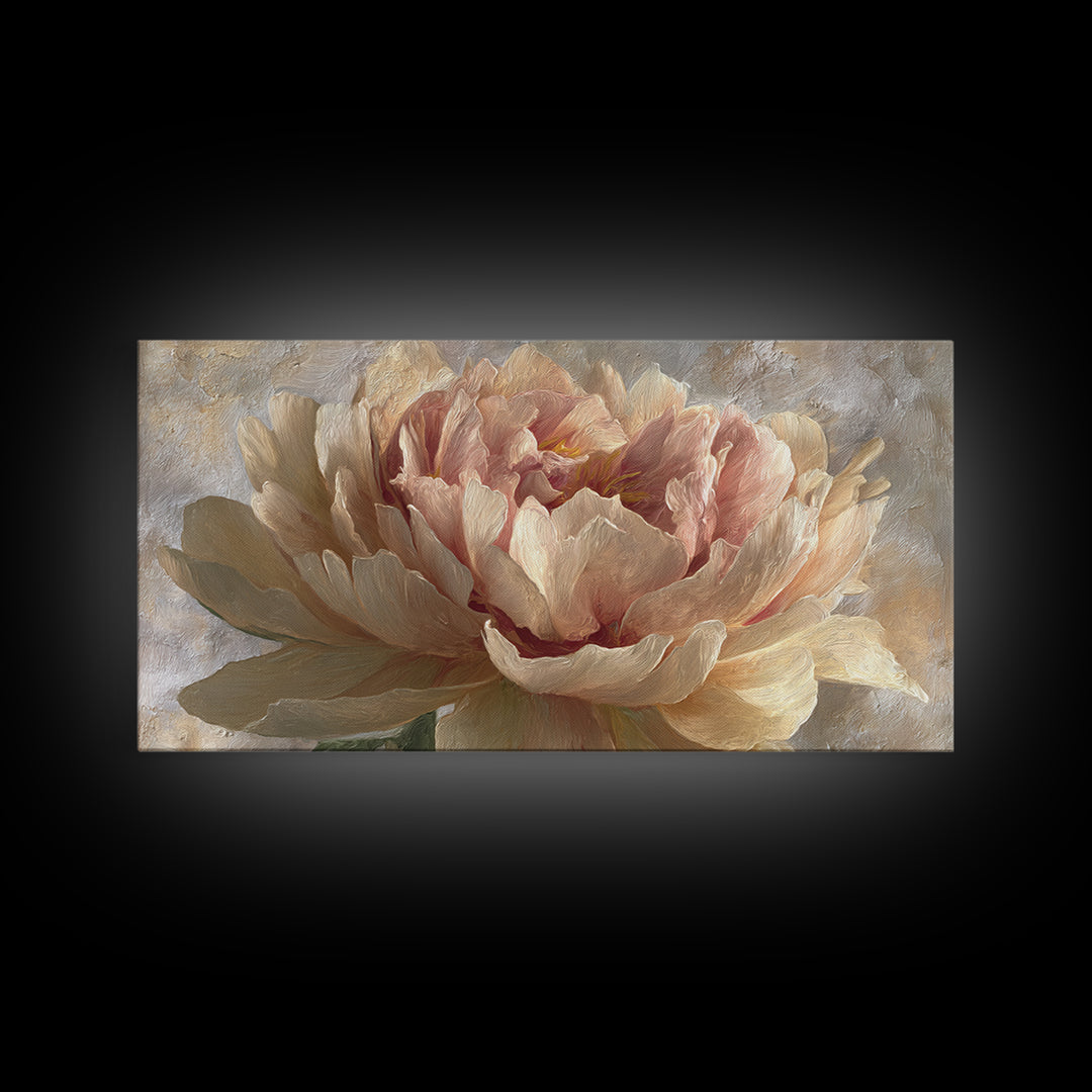 Romantic Oversized Peony Bloom on Warm Linen Canvas Print, Above Bed Art, Digital Art, Bedroom Decor, Fine Art, Serenity, ABA-2x1-94